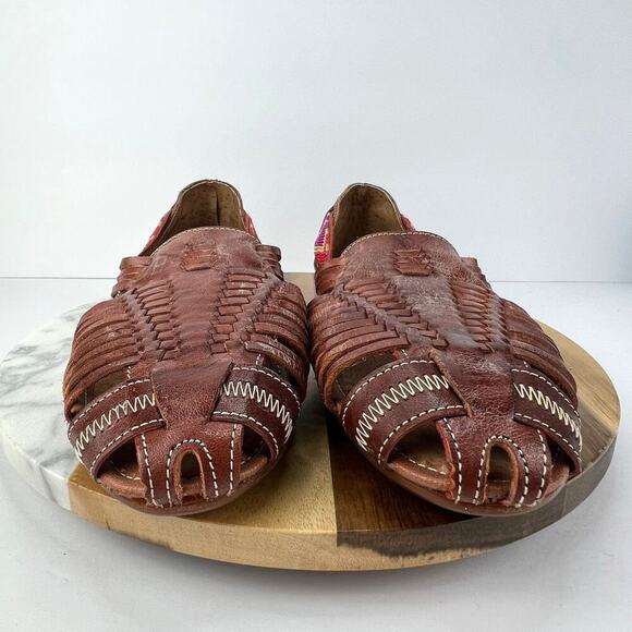 RARAMURI Mexican Beaded Hand Made Leather Woven Cognac Huarache Sandals Size 10 - Picture 2 of 10